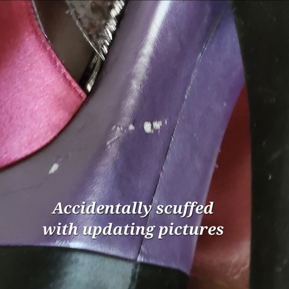 bebe Black Snakeskin, Raspberry Satin, Plum Purple Leather Peep-Toe Platforms - Picture 11 of 11